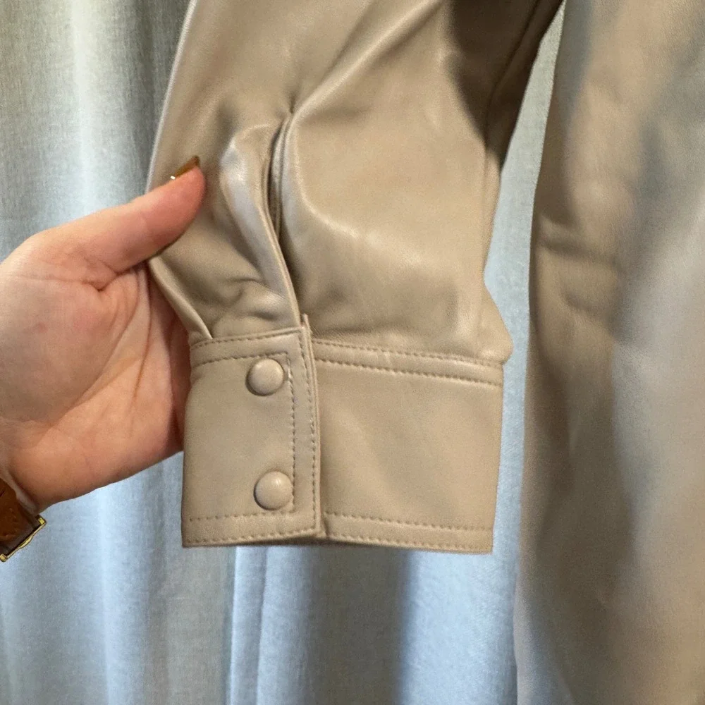 Verasona Faux Leather Shirt‎ Dress Beige Button Front Long Sleeve Career Medium